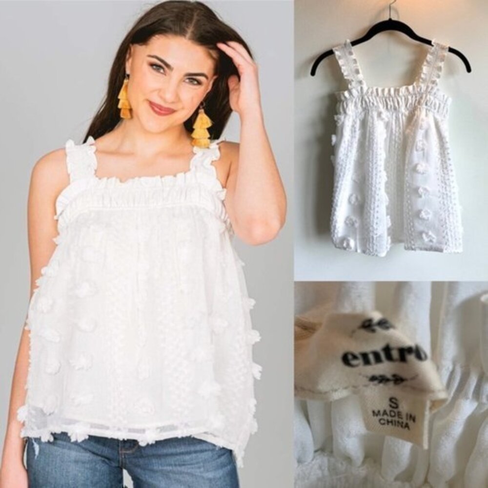ENTRO White Frill Swiss Dot Babydoll Top in Size Small